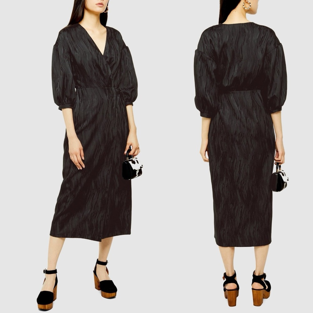 Chic Elegant TOPSHOP Black Jacquard Puff Sleeve Wrap Midi Cocktail Dress size 4